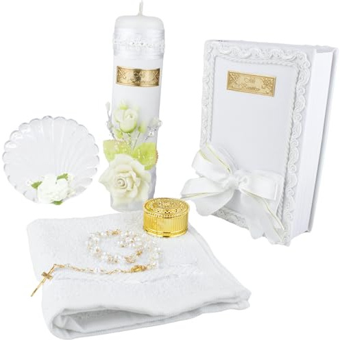 5 Pcs White Baptism Candle Set for Girls and Boys - Velas para bautizo - Vela de bautizo - Catholic Baptism Candle - baptismal kit with Shell and Bible