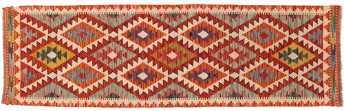 RUG PRINCE Maimana Kelim Teppich 60x200 Handgewebt Läufer rot Geometrisch Handarbeit d