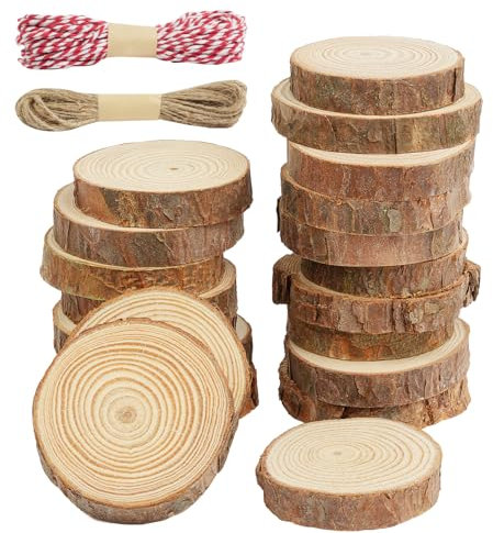 HOTUT Holzscheiben,20 Stück Holz Log Scheiben 5-6cm, Baumscheiben Ohne Loch mit 2 Rollen Schnur,Runde Naturholz Holzscheibe für DIY Handwerk,Untersetzer,Weihnachten Dekoration