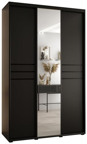 MEBLE KRYSPOL Cannes 11 Moderner Schrank mit 3 Schiebetüren mit Kleiderstange, Regalen und Spiegel - Aufbewahrungsschrank für Schlafzimmer, Wohnzimmer - 205,2x160x60 cm - Schwarz Schwarz Schwarz