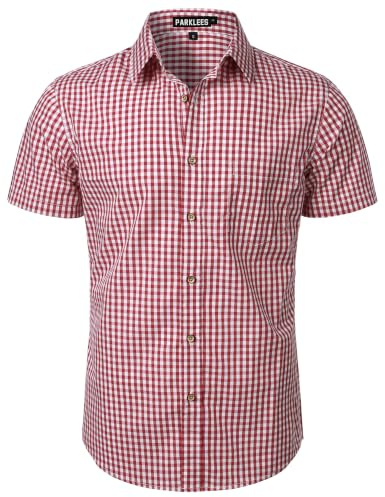 PARKLEES Chemise décontractée à carreaux boutonnée pour homme en coton à manches courtes, chemise habillée vichy, coupe régulière avec poche, Taille L