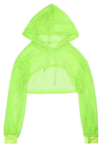 Camiseta con Agujeros de Rejilla Estilo Callejero, Top Corto de Manga Completa con Capucha ahuecada, Camisa Holgada Informal para Mujer, Bata de -Verde-L