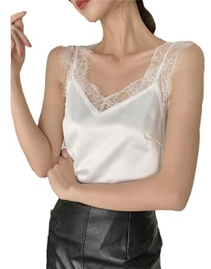 REHJJDFD Damen-Satin-Tops für Damen, V-Ausschnitt, ärmellos, Spitze, Tank-Top, weibliches Seiden-Top, weiß, weiß, M