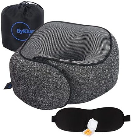 ByKhan Nackenkissen für Reisen und Alltag,Reise Gadgets,nackenkissen Flugzeug,reisekissen,Memory Foam Ergonomisch Weiches und hautfreundliches Design,Inklusive Schlafmaske,Ohrstöpsel,Tasche(Black)