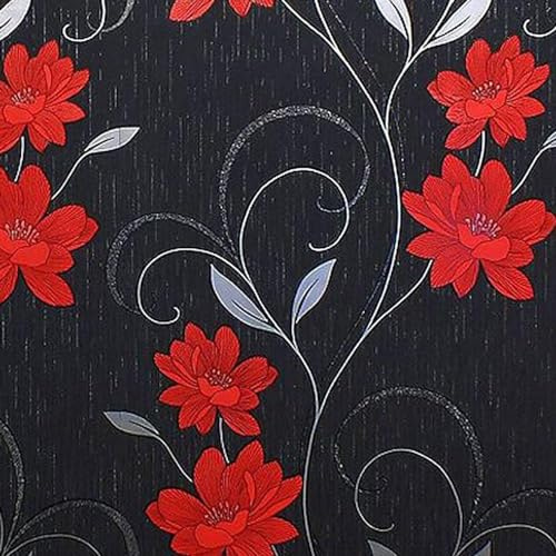 Red Flower Wallpaper Textured Vinyl Floral Silver Black Grey 10m Roll