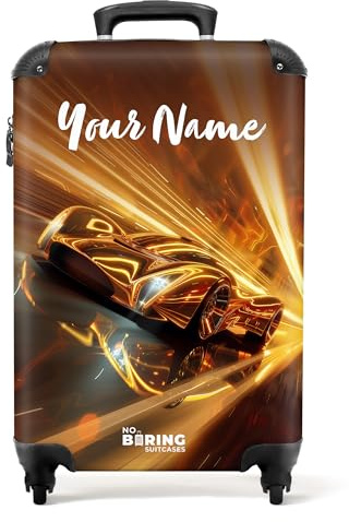 NoBoringSuitcases.com Kinderkoffer Jungen, Koffer Kinder, Kinder Reisekoffer, Reisetasche Mit Rollen, Kindertrolley Jungen, Handgepäck Koffer, Trolley Handgepäck 55x40x20 cm (Rennwagen - Gold)