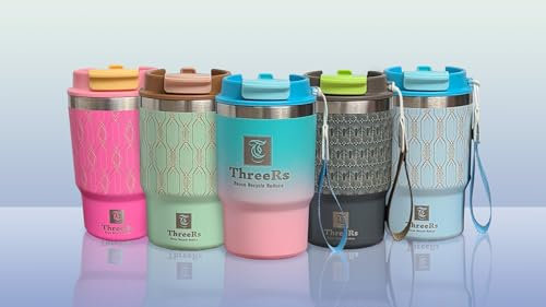 ThreeRs Art Deo Series - Bicchiere da caffè da viaggio con coperchio a tenuta stagna, in acciaio inox 304, a doppia parete, per bevande calde e fredde, 480 ml (sfumato)