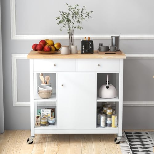GIANTEX Carro de Cocina con 2 Cajones y Puerta, 99 x 46 x 90 cm, Isla de Cocina con 4 Ruedas Universales, Carrito de Servicio con 4 Estantes Abiertos, Mueble Auxiliar para Comedor, Cocina (Blanco)