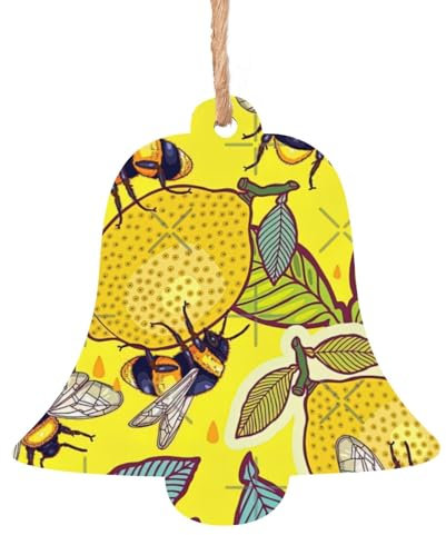 Rich&Rabbit Adornos de madera con estampado de limón amarillo y abeja en forma de campana, decoración del hogar