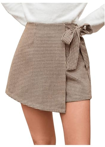 Floerns Women's Houndstooth Print Tie Front Skorts Asymmetrical Hem High Waist Skirt Shorts Khaki X-Small