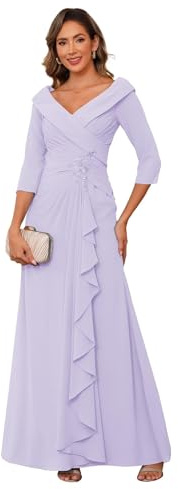 TANPAUL Chiffon Brautmutterkleider für Hochzeit - V-Ausschnitt Geraffte Lange Abendkleider 3/4 Ärmel Festliche Kleider für Hochzeitsgäste Flieder 52