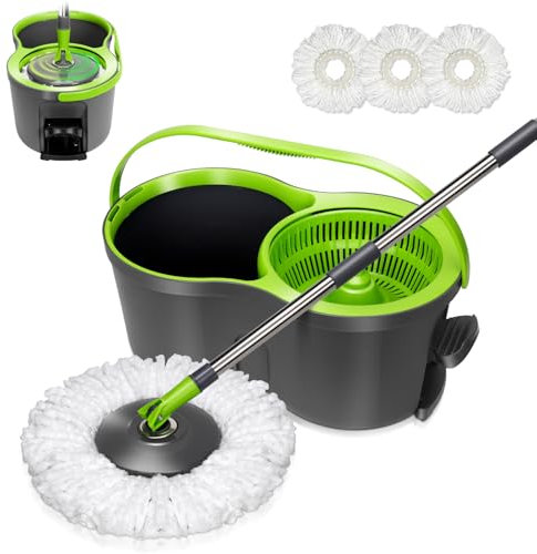 Masthome Scopa per frangia e secchio a pedale, scopa mocio rotante con sistema di centrifuga incorporato, inviare 3 ricariche in microfibra, 9.8L, per la pulizia pavimenti, grigio