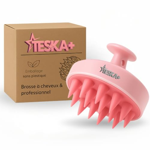 TESKA+ Brosse à Massage Cuir Chevelu Anti-Pelliculaire – Stimule la Croissance des Cheveux, Poils Doux et Ergonomique pour Tous Types de Cheveux (Rouge Bicolore)