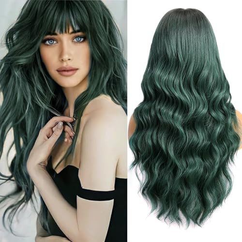 PORSMEER Peluca larga ondulada para mujer, color verde con flequillo, pelo sintético natural, 66 cm, uso diario para mujer, fiesta, Halloween, disfraz, verde oscuro
