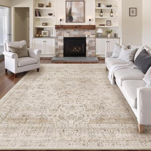 HUGEAR Beige Vintage Tapis Salon 200x300cm Lavable en Machine Antidérapant Grand Carpet Descente de Lit Chambre Adulte Salle a Manger Cuisine Bureau Doux Poil Ras Carpette