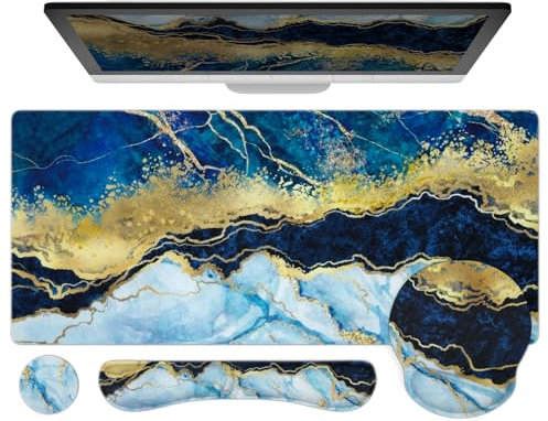 Ovenbird Mouse Pad Set 4-in-1 | Large Gaming Mousepad, Keyboard Wrist Rest, Mouse Wrist Support, Coaster | Ergonomic Office Desk Mat Accessories for Women Men | 4PCS, 35.4 x 15.7in, Blue Marble