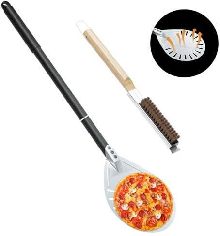 iklestar 83cm Pala para Pizza con Cepillo de Horno y Raspador de Piedra, Perforado mango largo Turner Herramienta para hornear pizza casera, 2PCS al aire libre Pizza Horno Accesorios