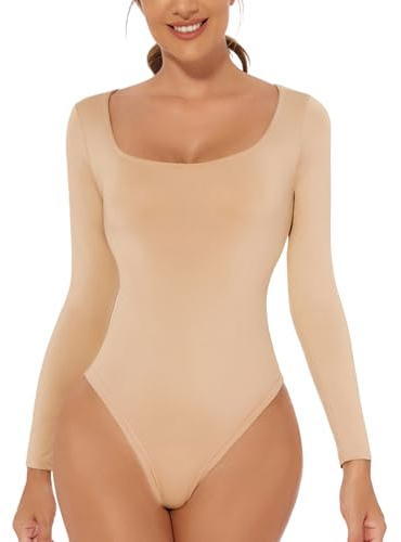 ONEW Body à manches longues pour femme - Col carré - Sous-vêtement basique pour femme, beige, M