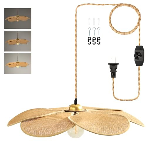 BAMWUAN Boho Plug in Pendant Light, 24 Inch Flower Handwoven Lampshade Stepless Dimmable Boho Chandelier, 11.3 ft Plug-in Hanging Lamp for Hallway Kitchen Island Dining Room Bedroom(Not Bulb)