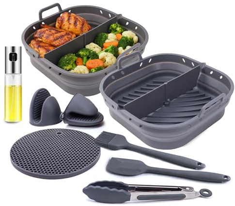 SANTMAR Set Utensilios freidora de Aire 5.5 L 6,4 litros o mas, Kit Accesorios para Air Fryer Dos moldes Cuadrados Silicona Compatible COSORI Cecotec Ninja Philips, Apto para Horno o microondas
