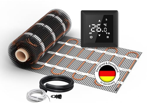 Elektrische Fußbodenheizung für Fliesen: Zweiader-Heizmatte WARMON ULTRA 200 W/m² inkl. Thermostat mit Bodensensor, Thermostat:WLAN Schwarz, Mattengröße:2,5 m²