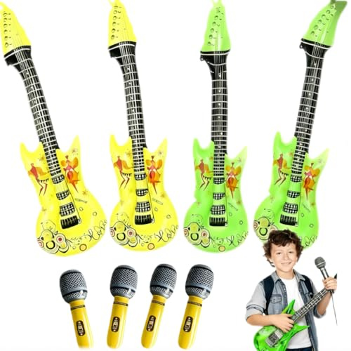 8 Pcs Inflatable Microphone and Guitar Set ( Guitars 89cm，Microphones 25cm), Inflatable Party Props for Kids, Musical Theme Party Decorations, Photo Booth Props for Birthdays and Events