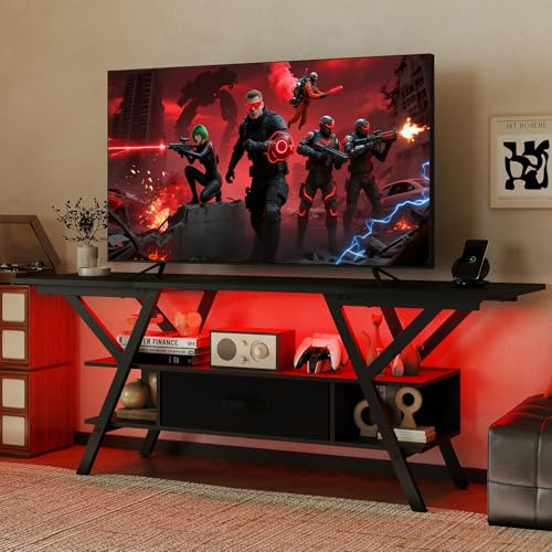 COSTWAY Meuble TV LED 140 cm pour Téléviseurs 65 Pouces, Meuble Tele avec Prise, Table TV Industrielle 3 Niveaux, Étagères, 2 Compartiments, pour Salon, Chambre (Noir)