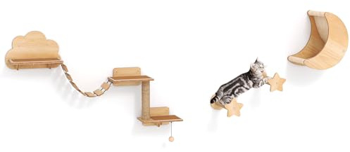 GYMAX Katzen Kletterwand, 6-Teiliges Stabiler Katzenmöbel mit gepolsterter Hängematte, Brücke, Kratzbaum, Kratzstangen & Spielzeug, DIY Katzenkletterset für Innenkatzen