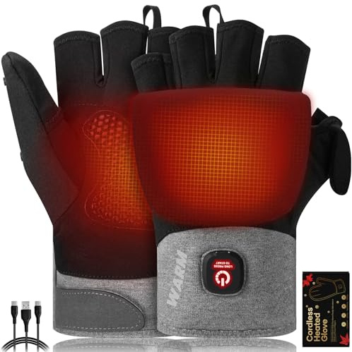 Heated Gloves for Men Women, Rechargeable Detachable Full & Half Hands Heated Glove Fingerless Electric Heating Gloves Hand Warmer for Work, Hunting, Skiing, Outdoor Work (Grey-Black, M)