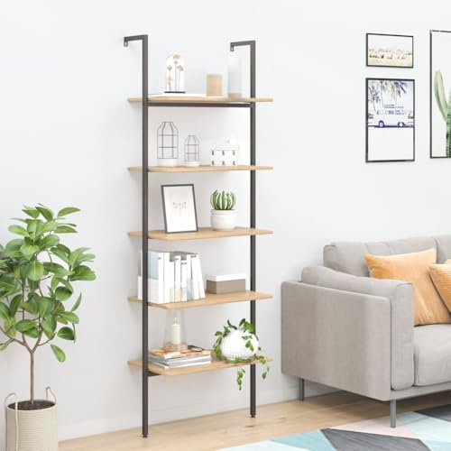 Holamys Leiterregal mit 5 Ablagen, 64x35x185 cm, Hellbraun & Schwarz, Robustes Anlehnregal aus Holz & Stahl für Bücher, Pflanzen, Deko, ideal für Wohnzimmer, Büro, Balkon