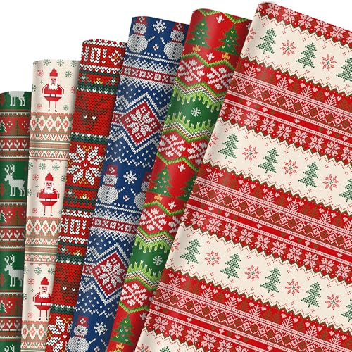 12x Geschenkpapier Weihnachten Rot und Grün Weihnachtspapier Schottenkaro,Doppelseitig Bedrucktes 6 Arten Weihnachtspapier Geschenkpapier Blatt Wrapping Paper Christmas,50 x 68 cm