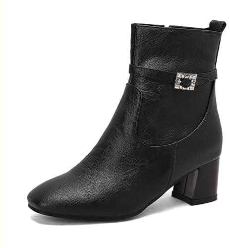 Bviennic Botines Mujer Tacón Ancho Medio Comodo Punta Quadrada Zip Slouch 2650 Negro Talla 46 EU/48Cn