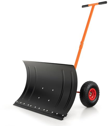 GYMAX Pelle à Neige sur Roues avec Grande Lame 74 x 49 cm en Métal, Réglage Flexible d'angle de Lame et de Poignée, Grande Roue φ26cm Déplacement Facile