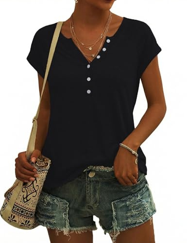 Demegimi T-Shirt Femme Été Col V à Boutons Manches Courtes Haut Femme Coton Coupe Ample Top Femme Confortable Casual，Noir,XL