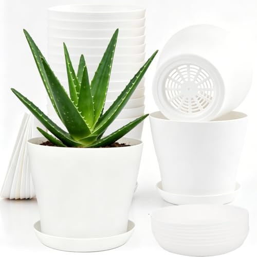 Cerkkapo 16PCS 10cm Blumentopf mit Untersetzer Weiß Pflanztöpfe | Blumentöpfe mit Mehrere Ablauflöchern,Plastik Flower Pot Schlicht und elegant für Innen und Balkongärten