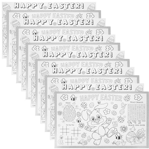 TOBBOMEY Tovagliette di Carta da Colorare di Pasqua 12 Pezzi, Tovagliette Pasquali Fai da Te, Sottopiatti Decorativi Conigli e Uova per Tavola Domestica