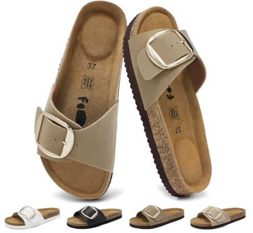 chetoria Sandales Femme Cuir Véritable Semelle Liège Boucle Élégant Mules | Plage Vacances Travail Ville Sandales Été Confortables Cuir Véritable 36-42