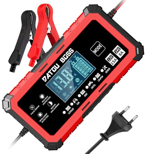 DATOUBOSS Caricabatterie per Auto 12V/24V, Mantenitore Batteria Moto, Caricatore Portatile Intelligente 12V 15A 24V 8A con Schermo LCD per Auto, Moto, Batterie AGM, Batterie LiFePO4 e Batterie Marine