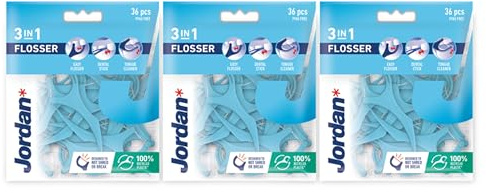 Jordan ® | 3-i-1 tandtråd fenor med fluor tandpetare tungrengöring munvård tillverkad av 100 % återvunnen plast PFAS fri effektiv plackborttagning återförslutningsbar förpackning | 3 x 36