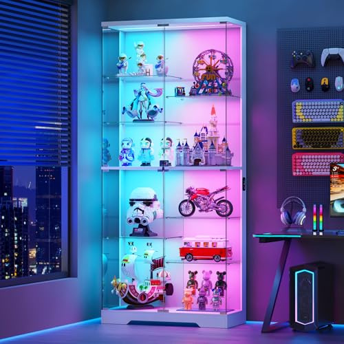 Lvifur Glasvitrine mit LED Beleuchtung und Glastüren für Wohnzimmer Schlafzimmer,35×78×180cm 5-Lagen Vitrinenschrank Vitrine mit Intelligente Sensorik für Sammlerstücke,Wein,Weiß