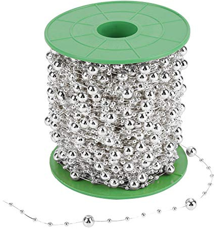 Perlenrolle 60m Galvanisierter Perlenfaden 3mm + 8mm Perlenkranz Für DIY Kettengirlanden Blumen Hochzeitsdekoration Weihnachten Urlaub (Silber)