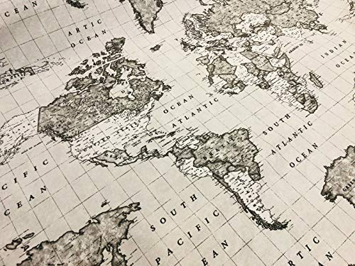 Grauer Stoff mit Weltkarte, Vintage-Reise-Atlas-Vorhang, Baumwolle, 140 cm breit, Meterware