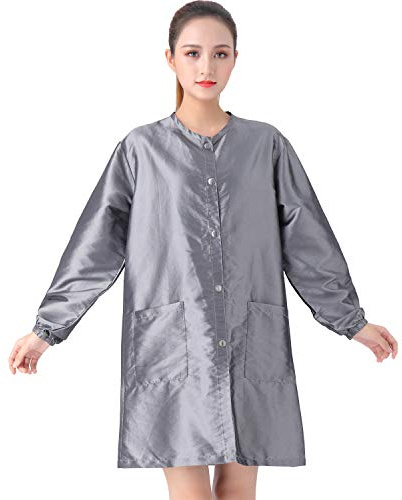 KAHOT Professionell salong smock stylistjacka kosmetologi uniform frisör kappa frisör arbetskläder hår skönhet spa gästkund kimono klänning husdjur skötsel overall (M, grå)