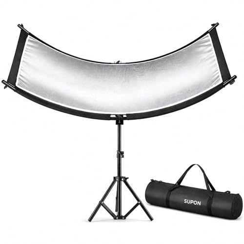SUPON Curved Reflector, 71x24 Clamshell Light Reflector Kit with 4-in-1 Fabric (Silver/Gold/White/Black) & 28 Desktop Light Stand, Storage Bag, U-Shape Arclight for Portrait, Studio Photography