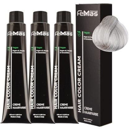 FemMas Haarfarbe 3x Metallic Grau I Creme Haarfarbe mit Arganöl, Keratin & Ceramiden I Als dauerhafte Haarfärbung oder Tönung für strahlende, haltbare Farbergebnisse I 100 ml