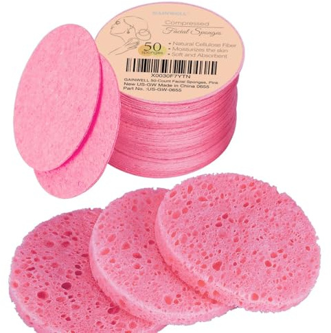 GAINWELL 50-Count Compressed Facial Sponge for Daily Facial Cleansing and Exfoliating, 100％ Natural Cosmetic Spa Sponges for Makeup Remover, Reusable, Pink