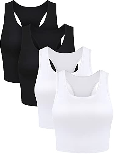 BOAO - Juego de 4 Camisetas básicas sin Mangas para Mujer, Camiseta Recortada, Espalda Cruzada, Negro, Blanco, S