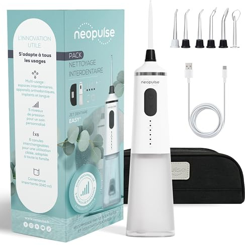 NEOPULSE® - Easy® Munddusche 4 in 1 – 6 Kanülen, 5 Druckstufen – entfernt Plaque, reinigt Implantate, Zahnspangen und Zunge – Weiß