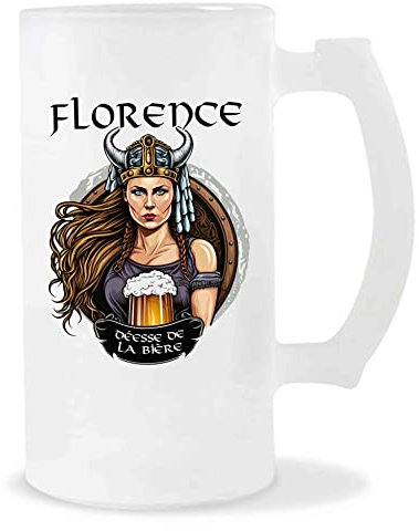 Planetee Chope de Bière Prénom Florence Femme Viking Valkyrie Design guerrière| Verre à bière pinte Cadeau Apéro Humour alcool pour amatrice de bière