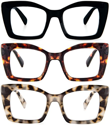 REAVEE 3 Pack Oversized Square Reading Glasses Oprah Style for Women, Blue Light Blocking Large Frame Computer Designer Fashion Readers with Spring Hinge (Black/Tortoise/Grey Tortoise,2.5)